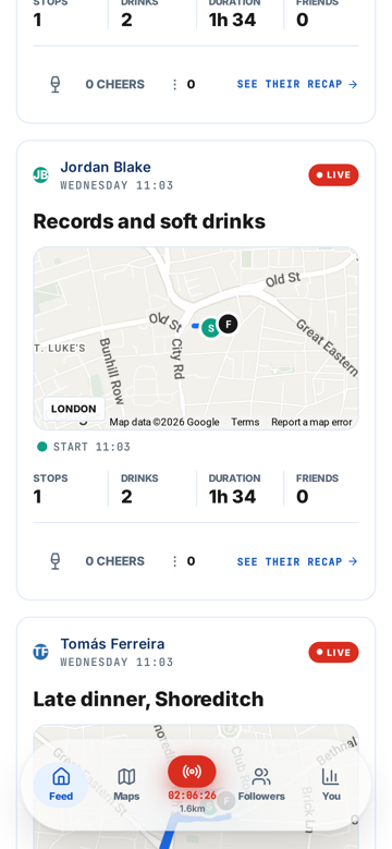 TABS feed showing Stops and Cheers from people you follow